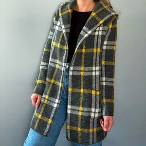 Tahari Thick Wool Blend Plaid Longline Cardigan with Hood